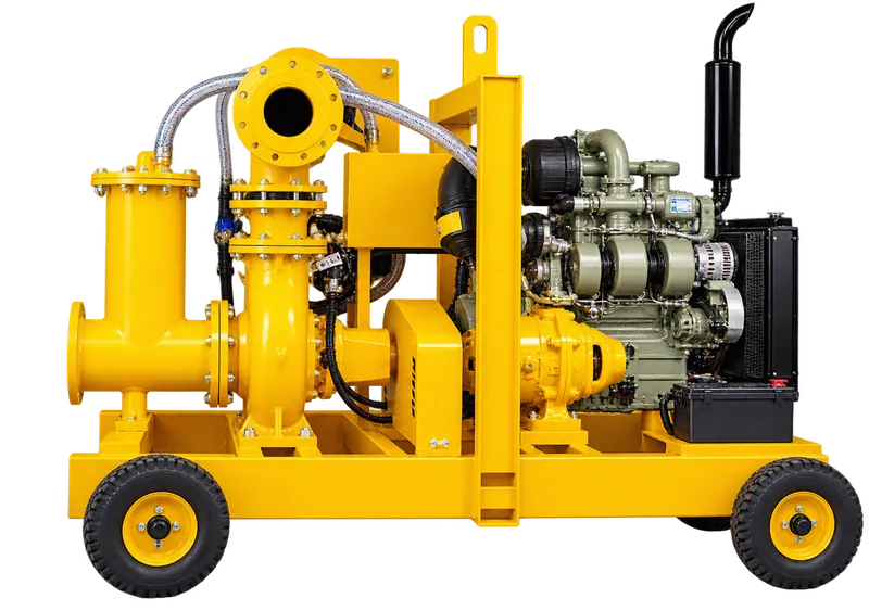 Trolley-mounted auto-prime dewatering pump set